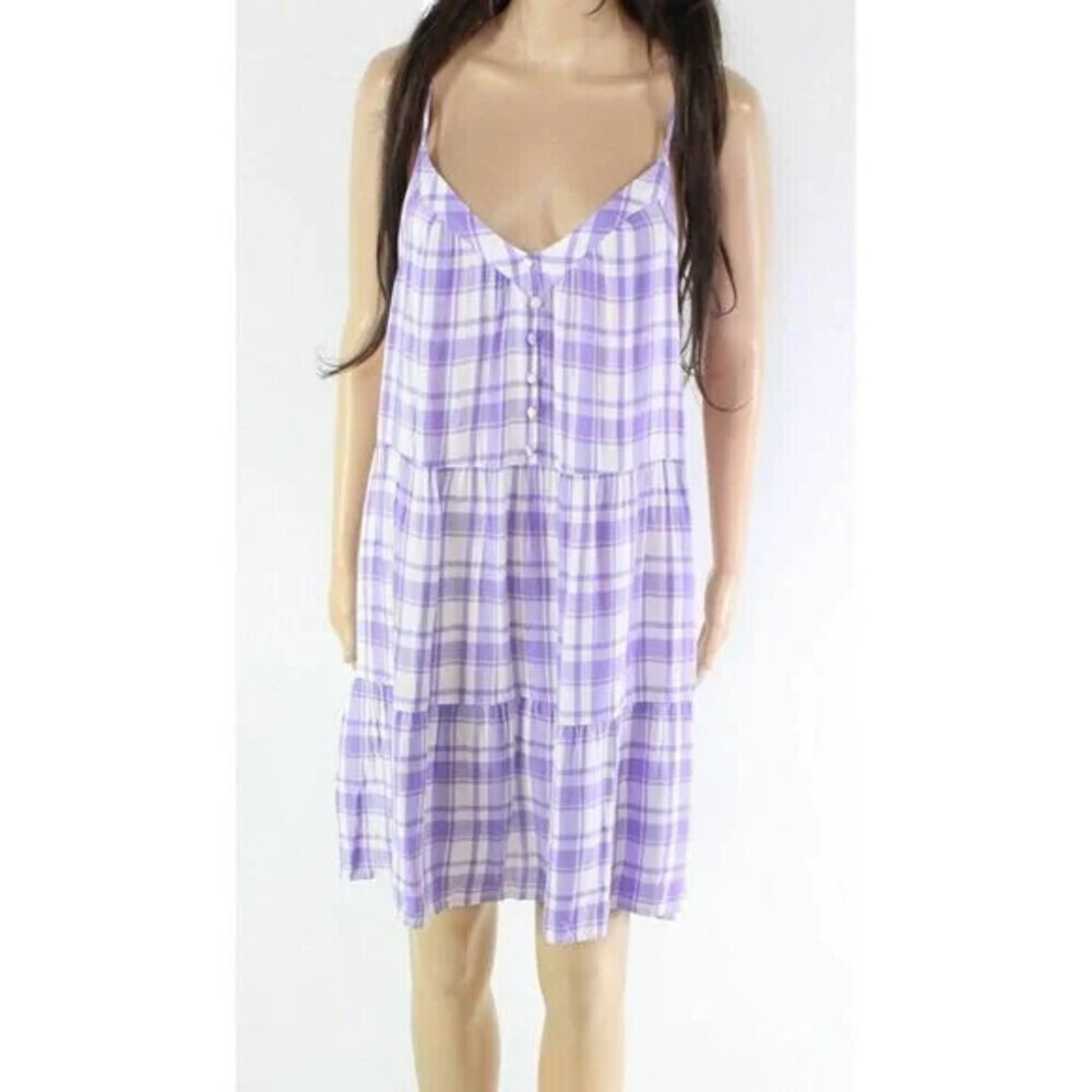 Abound Women's Dress White Purple Shift Plaid V-Neck Button Detail Size XS - Picture 3 of 7